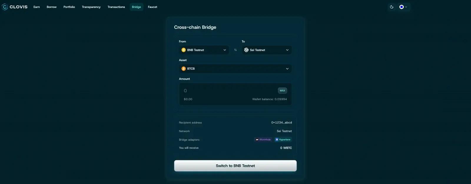 Clovis cross-chain bridge form with From and To chain selectors, an asset and amount field, a recipient address, and a choice of Wormhole or Hyperlane bridge adapters with the amount the user will receive