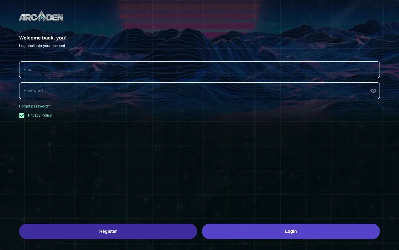 Arcaden login screen offering email sign-in and Web3 wallet connection