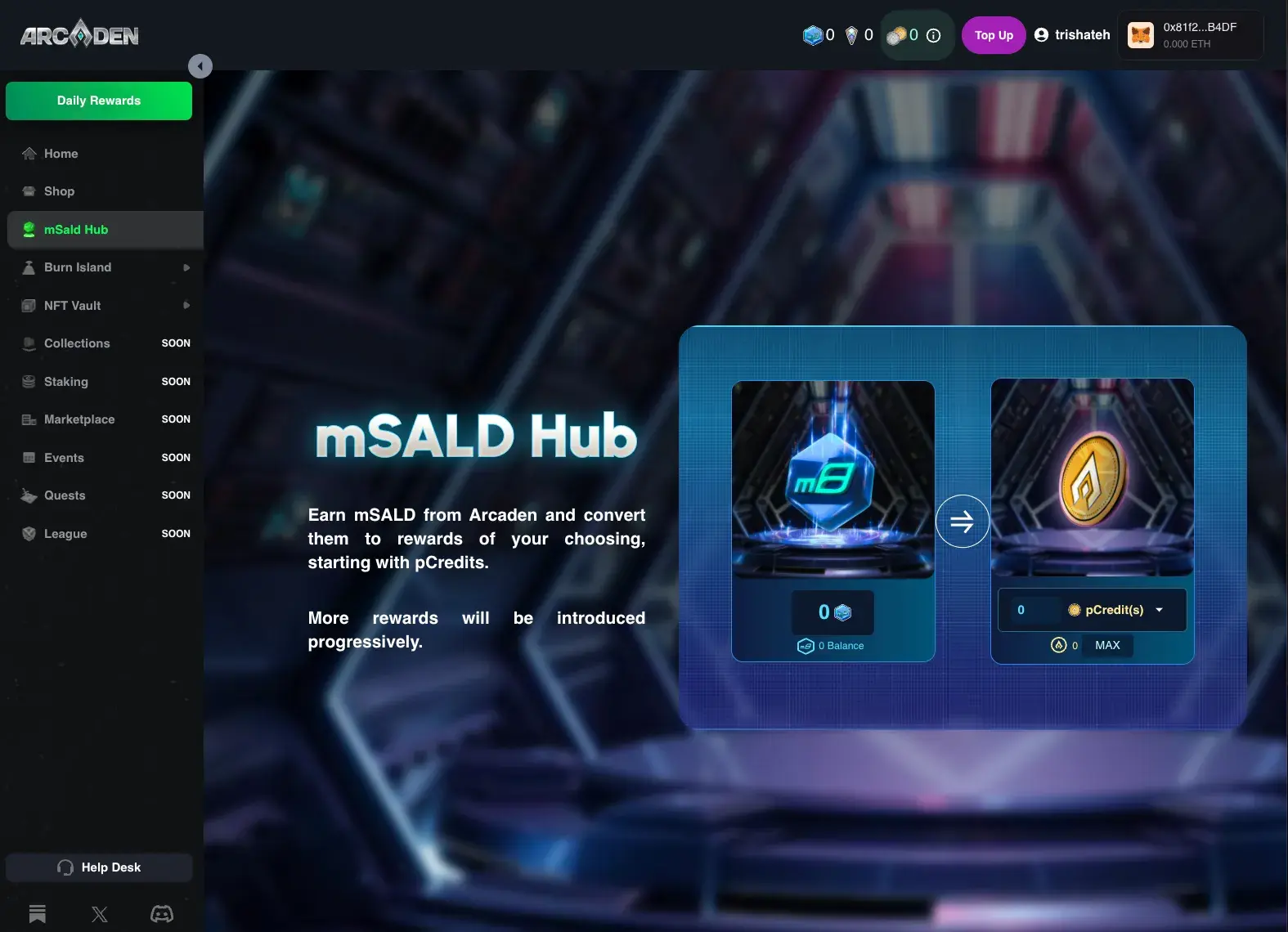 Arcaden mSALD Hub for converting cryptocurrency tokens into in-game tokens