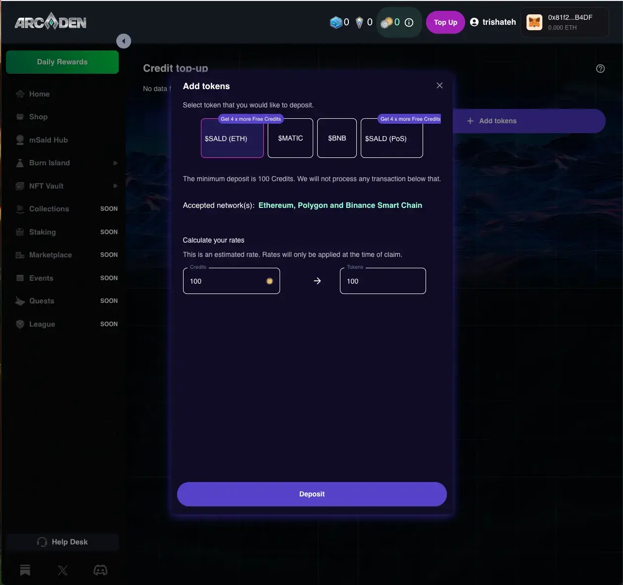 Arcaden crypto deposit screen for converting tokens into in-game currency