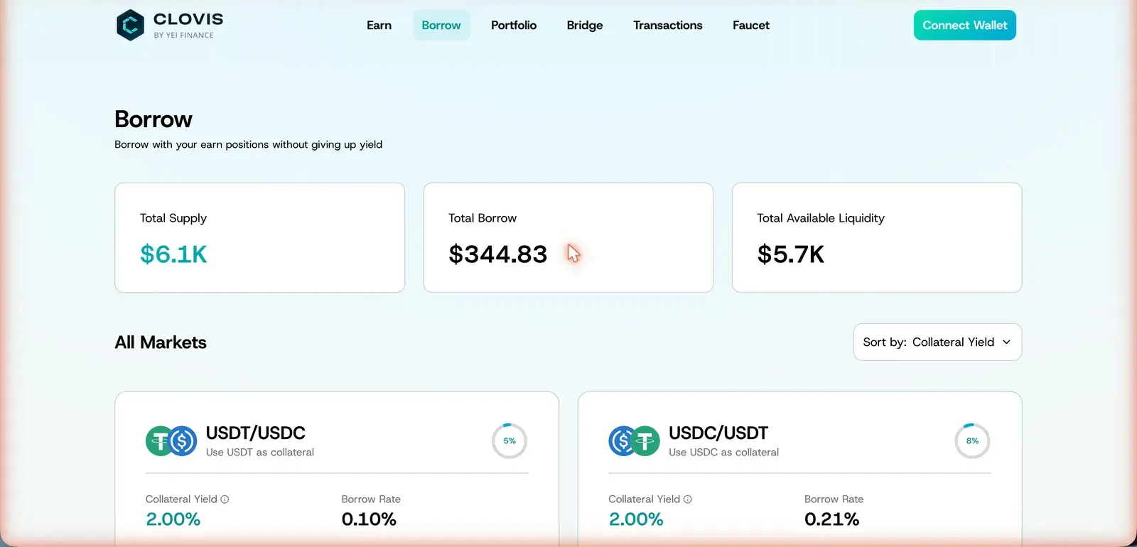 Clovis Borrow page with total supply, total borrow, and available liquidity stat cards and an All Markets list of USDT/USDC and USDC/USDT collateral pairs showing utilization, collateral yield, and borrow rate
