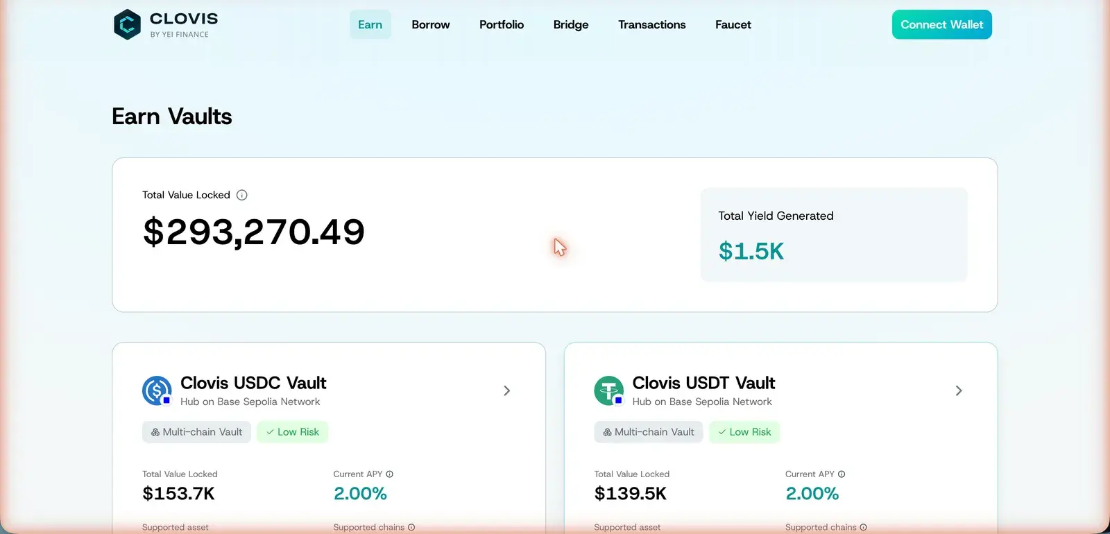 Clovis Earn Vaults page with total value locked and total yield stat cards and two multi-chain vault cards for USDC and USDT tagged Low Risk on Base Sepolia