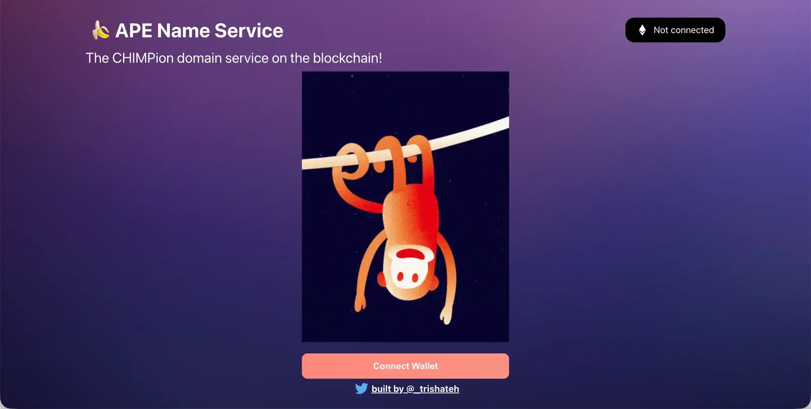 Ape Name Service landing page with a banana emoji, the CHIMPion domain service tagline, a hanging-monkey illustration, and a Connect Wallet button
