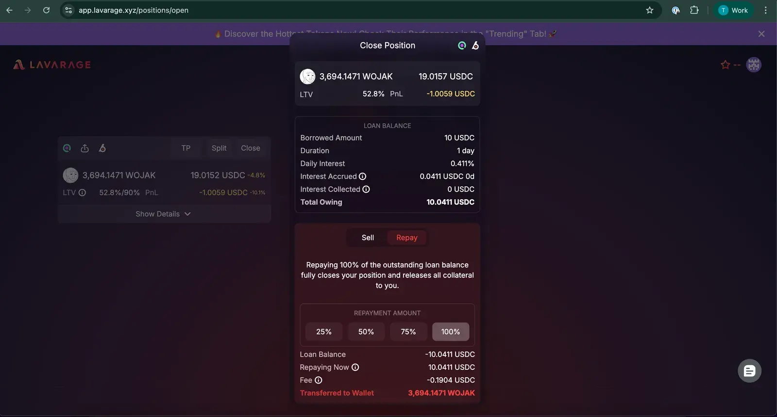 Lavarage Close Position modal showing the loan balance breakdown, a sell-amount selector, and the resulting payout to wallet