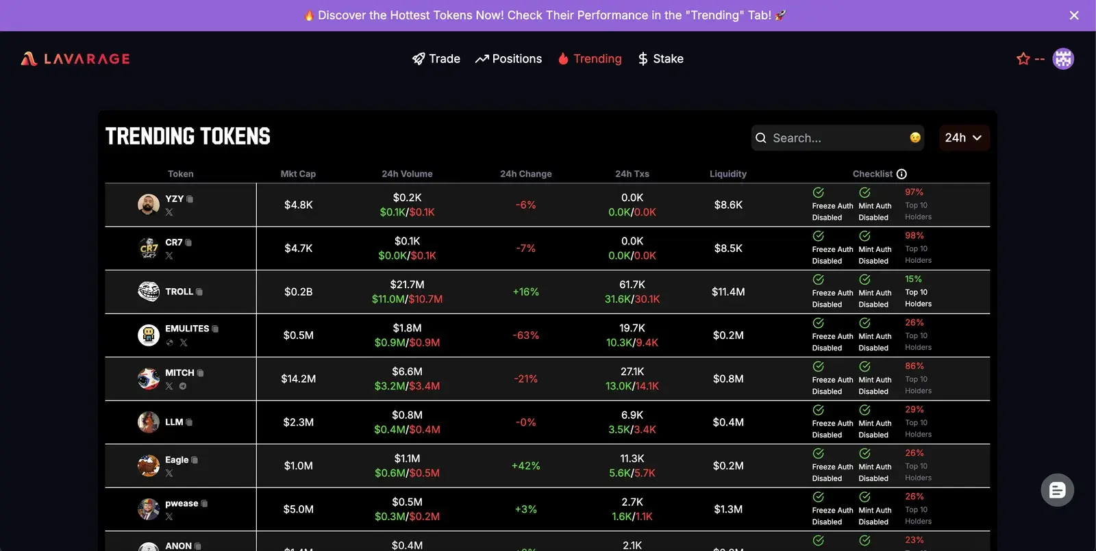 Lavarage Stake tab showing the Lava SOL Meme Liquidity vault with capacity, historical APY, and a join waiting list action