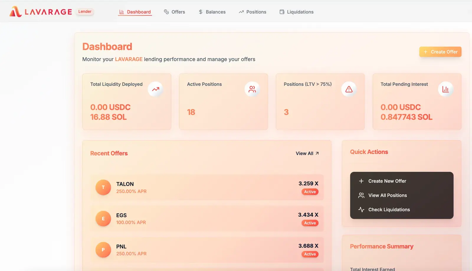 Lavarage Lenders Portal dashboard with stat cards for total liquidity deployed, active positions, high-LTV positions, and pending interest