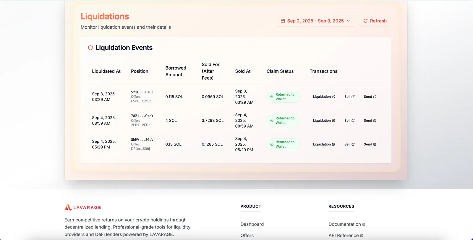 Lavarage Lenders Portal liquidations event log showing timestamps, position IDs, borrowed amounts, sale proceeds, claim status, and on-chain transaction links