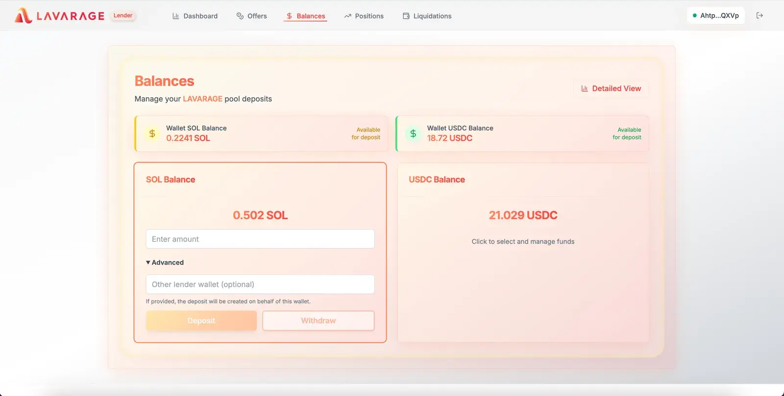 Lavarage Lenders Portal loan offers table listing per-token offers with APR, utilization, max exposure, available liquidity, LTV, and status