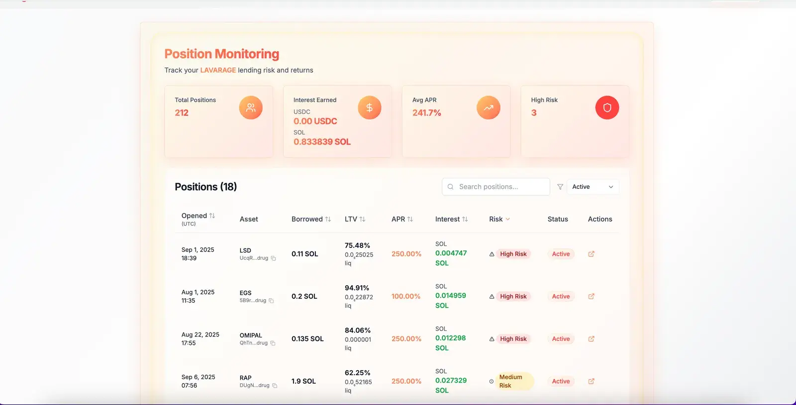 Lavarage Lenders Portal position monitoring page tracking borrower positions with LTV, liquidation price, APR, accrued interest, and risk badges