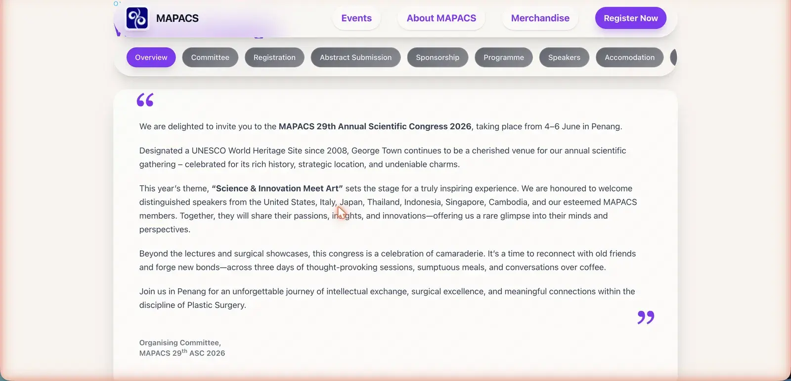 MAPACS event microsite Overview tab with a pill-style sub-nav for Committee, Registration, Abstract Submission, Sponsorship, Programme, Speakers, and Accommodation, and a welcome letter from the Organising Committee