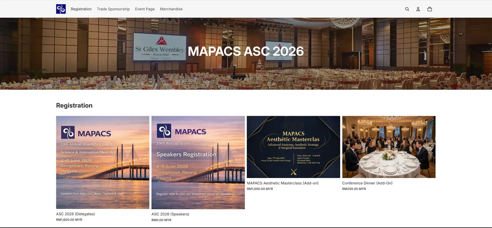 MAPACS ASC 2026 Shopify storefront with Registration, Trade Sponsorship, Event Page and Merchandise in the nav, listing delegate and speaker registration products alongside the Aesthetic Masterclass and Conference Dinner add-ons