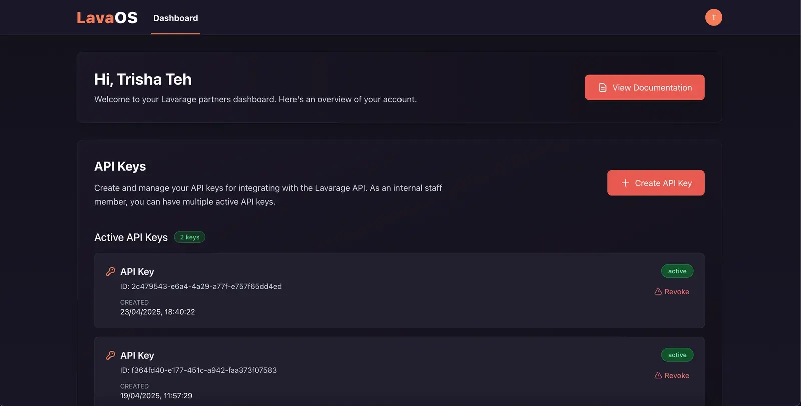 Lavarage Partners Portal API keys dashboard showing a create-key action and a list of active keys with identifiers, status, timestamps, and a revoke action