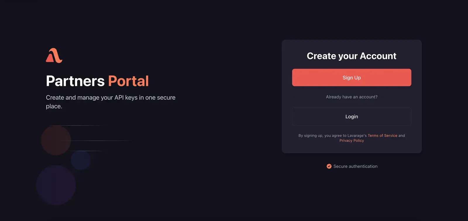 Lavarage Partners Portal sign-up and login screen with secure authentication, and terms-of-service and privacy links