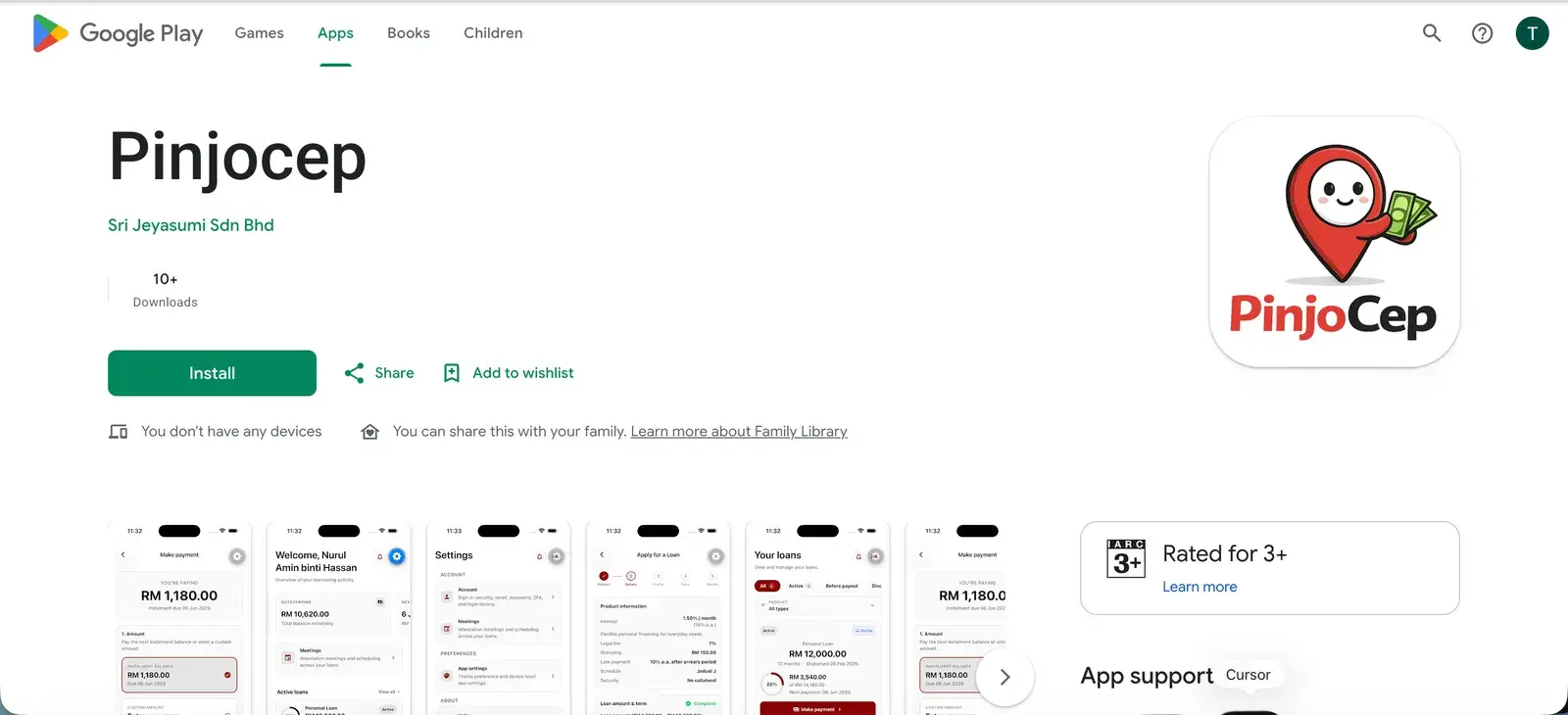 Pinjocep Google Play listing showing the app and a row of in-app screens for repayments, dashboard, settings, and loan management