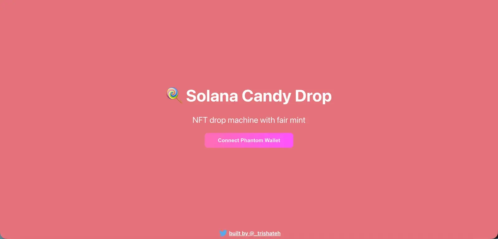 Solana Candy Drop landing page with a fair-mint NFT drop machine tagline and a Connect Phantom Wallet button