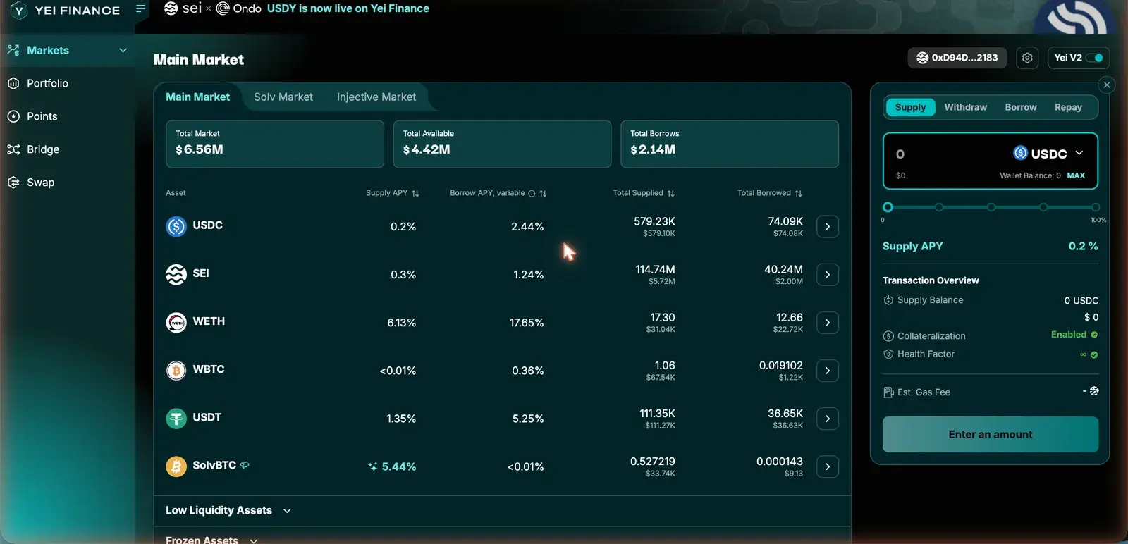 Yei Finance Main Market lending dashboard with total market, available, and borrows stat cards, an asset table of supply and borrow APYs, and a supply panel showing collateralization and health factor