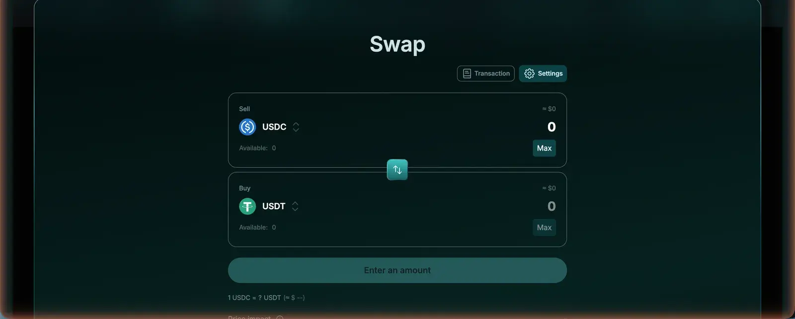 Yei Finance YeiSwap interface with a Sell USDC panel above a Buy USDT panel and Transaction and Settings controls